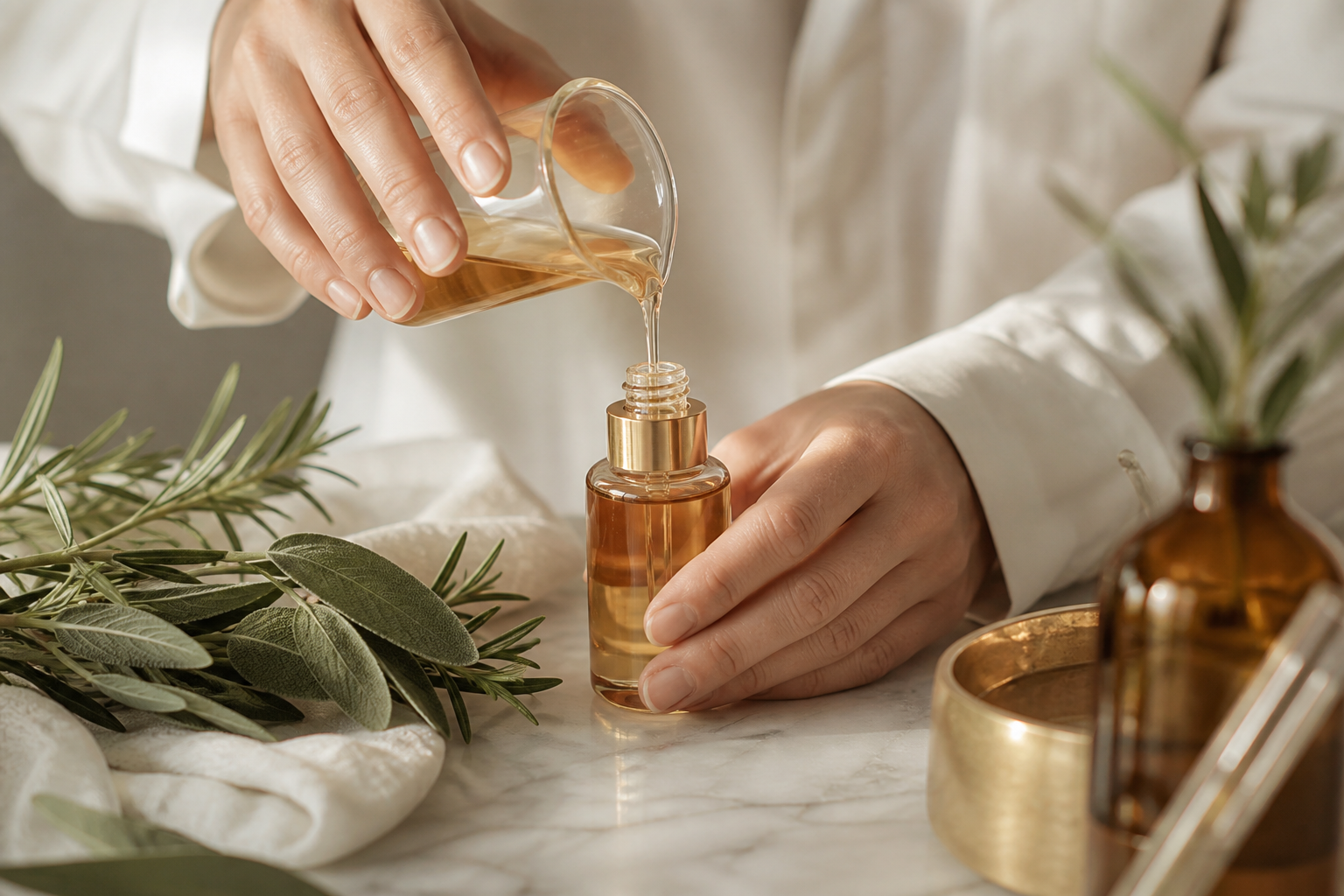 Hands carefully pouring a serum into a glass bottle in the BelieveIN studio