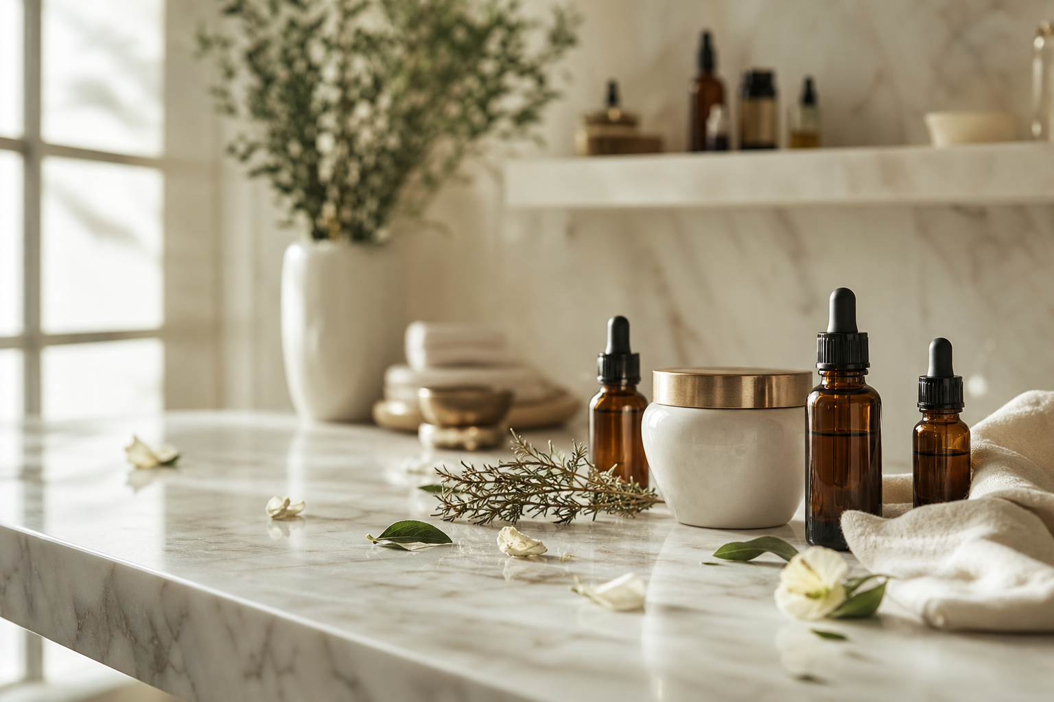 A bright marble counter with amber dropper bottles, dried herbs and folded linen — the BelieveIN studio